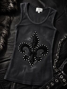 Vintage Yvette Mandel Fleur de Lis Rhinestone Tank Top Faded Black Y2K. S. NWOT